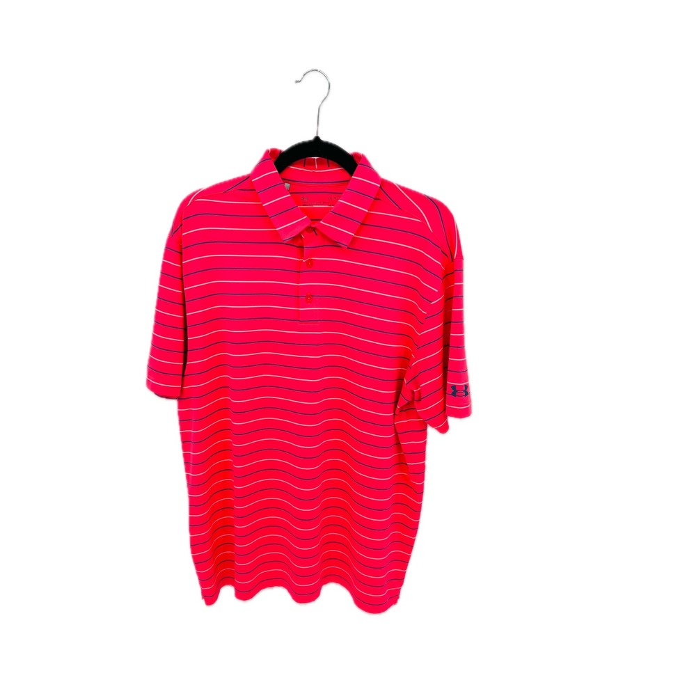 Under Armour HeatGear Mens Golf Shirt Large Coral Navy White Stripe Logo Sleeve